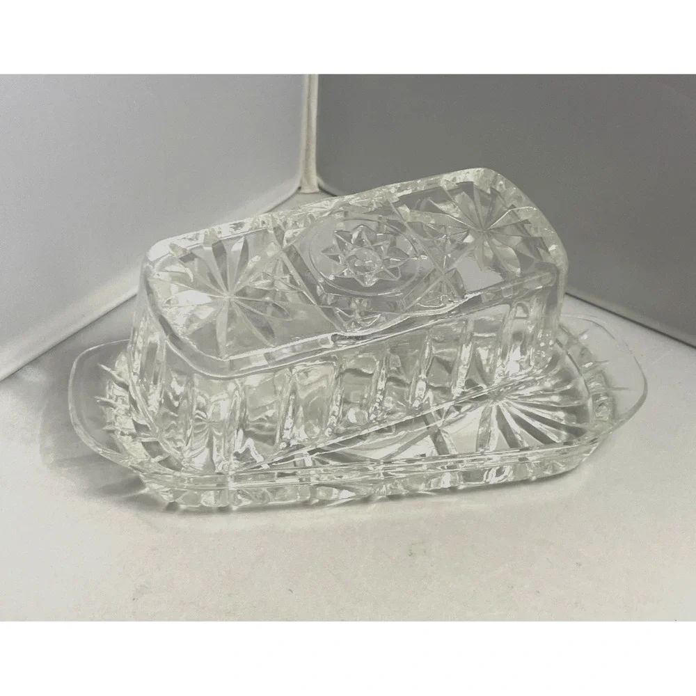 Anchor Hocking Butter Dish Star of David Covered With Lid Clear Glass Vintage